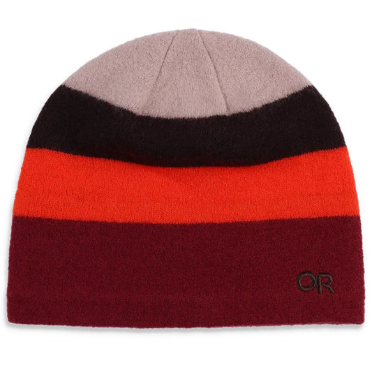 A top-down view of the Outdoor Research Gradient Beanie in Bronze with black, orange, and maroon stripes against a white background.