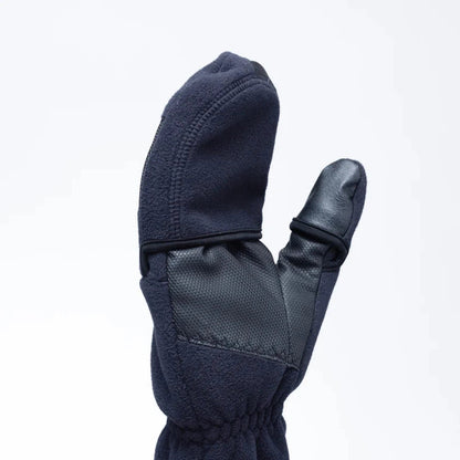 A close-up of the Outdoor Research Gripper Convertible Windbloc Mitts in Black, showing the black leather palm and a white background.