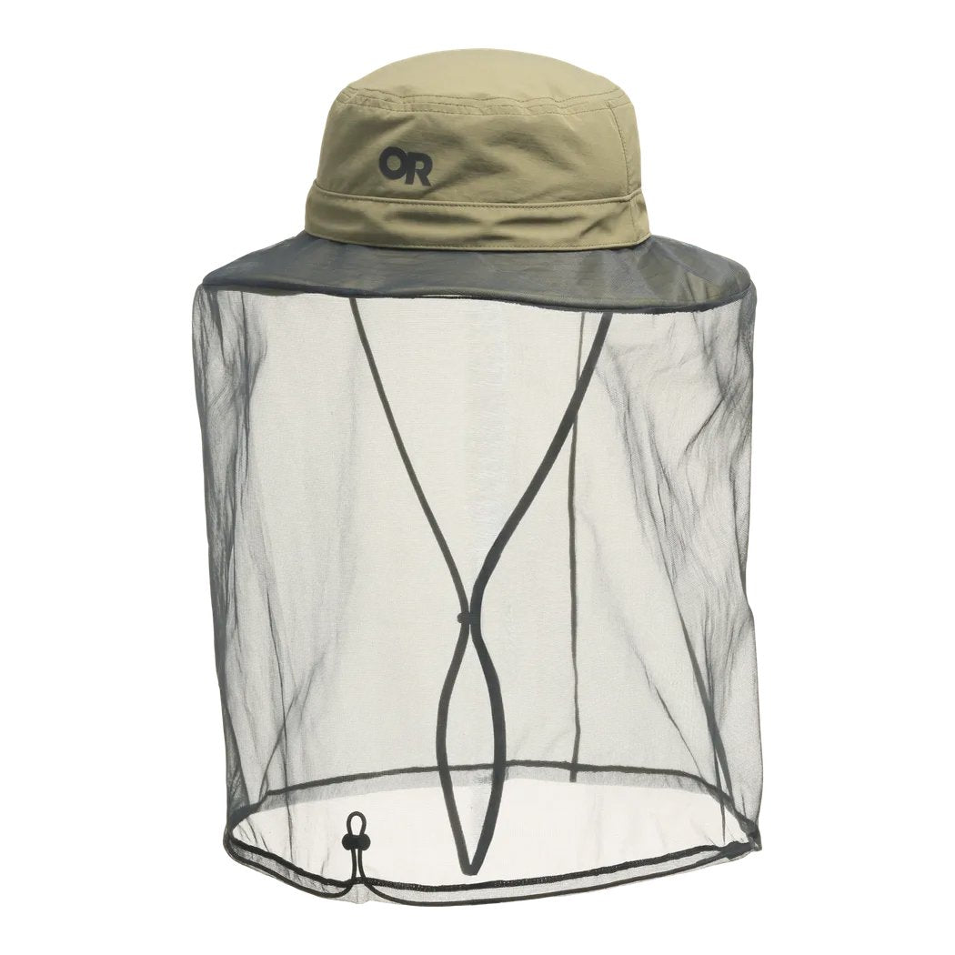A front view of the Outdoor Research Helios Bug Hat in Ranger Green showing the mesh face coverage and adjustable cord against a white background.