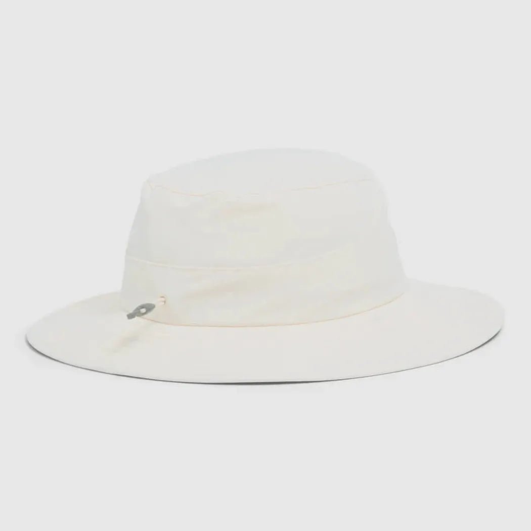 A front view of the Outdoor Research Helios Sun Hat in Light Pewter with a small metal detail on the band against a plain white background.
