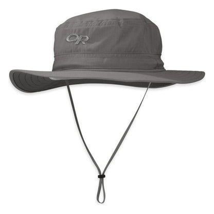 A front view of the Outdoor Research Helios Sun Hat in Sand with a chin cord, displayed against a white background.
