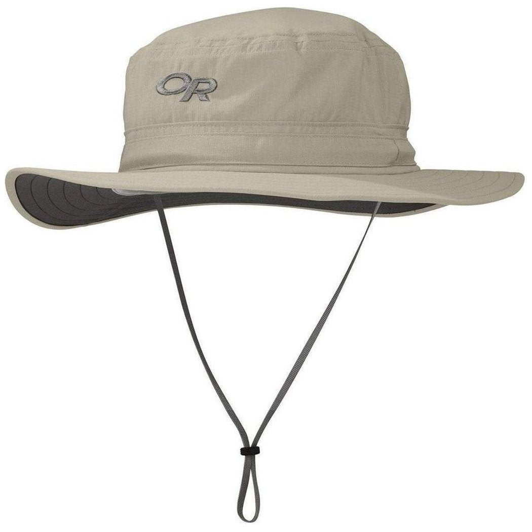 A front view of the Outdoor Research Helios Sun Hat in Sand showing the chin cord and wide brim against a white background.