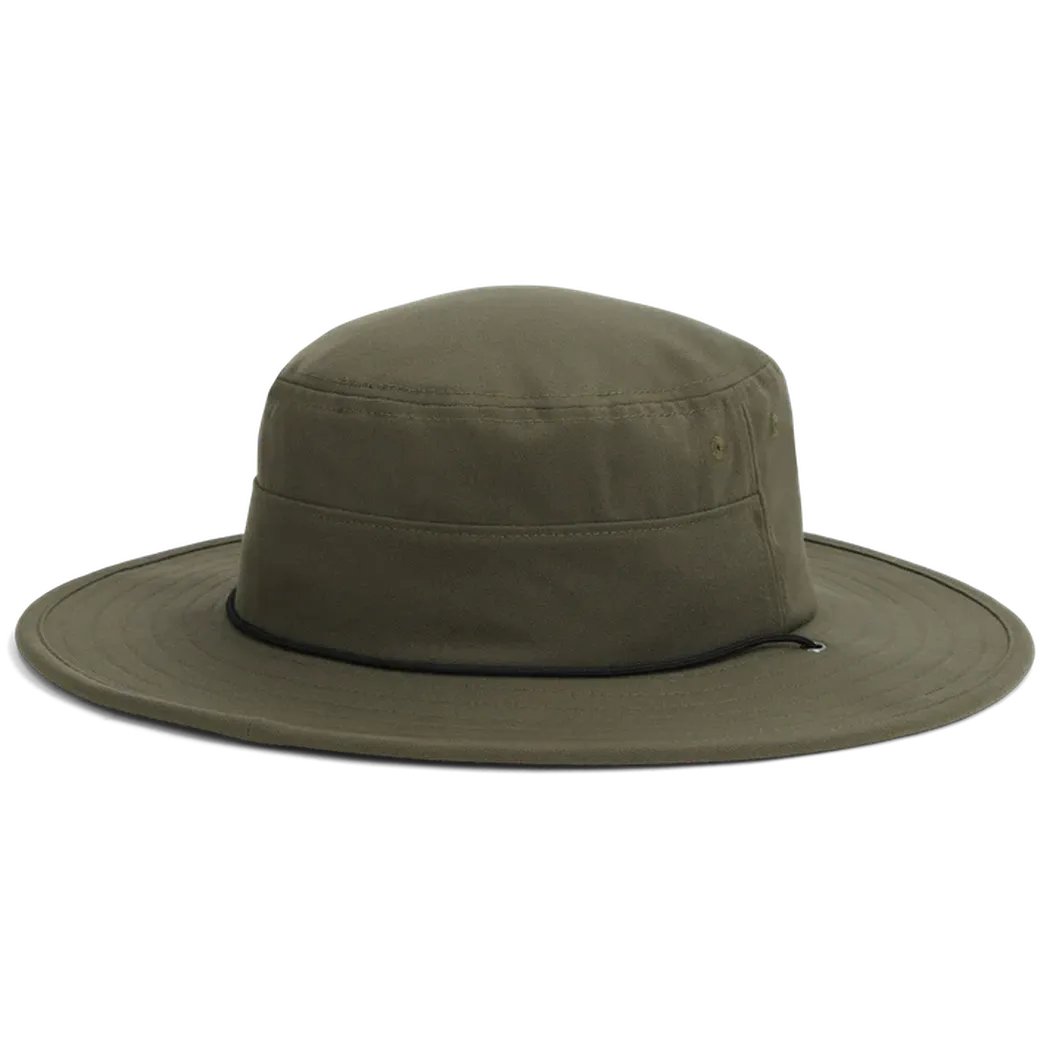 A front view of the Outdoor Research Heyday Boonie Hat in Dark Sedona with a wide brim and black band, set against a plain white background.