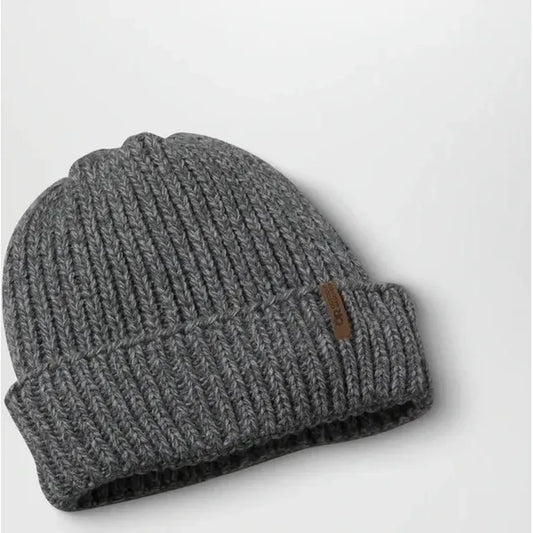 A charcoal Outdoor Research Lift ie VX Beanie with a leather tag, shown from a top-down angle on a white background.