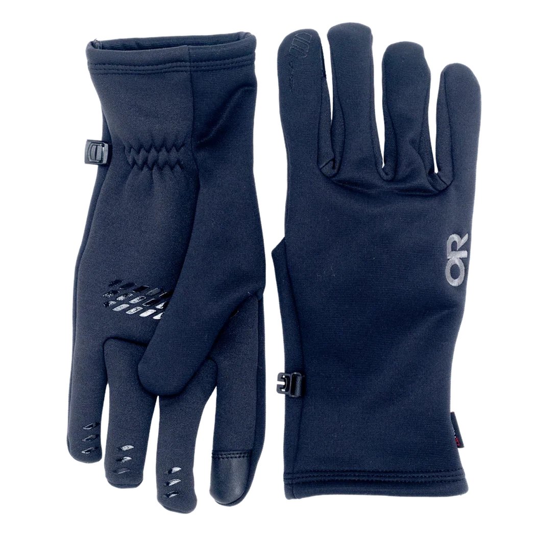 Black Outdoor Research Men's Backstop Sensor Windpro Gloves shown from front and back with a white background.