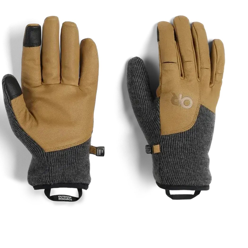 Two views of the Outdoor Research Men's Flurry Leather Gloves in Charcoal showing the leather palms and knit cuffs against a white background.