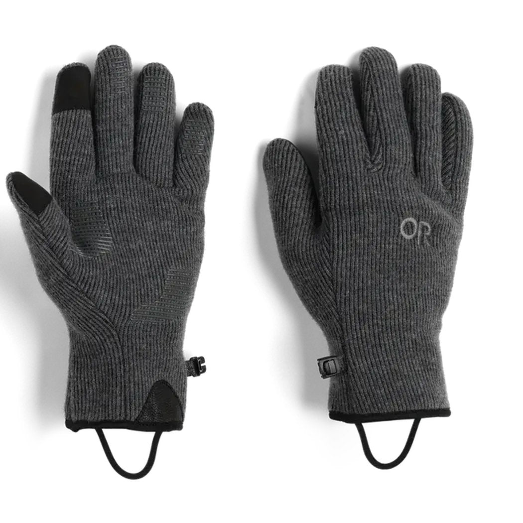 Front and back view of the Outdoor Research Men's Flurry Sensor Gloves in Charcoal showing the touchscreen tips and adjustable wrist straps against a white background.