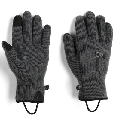 Front and back view of the Outdoor Research Men's Flurry Sensor Gloves in Charcoal showing the touchscreen tips and adjustable wrist straps against a white background.