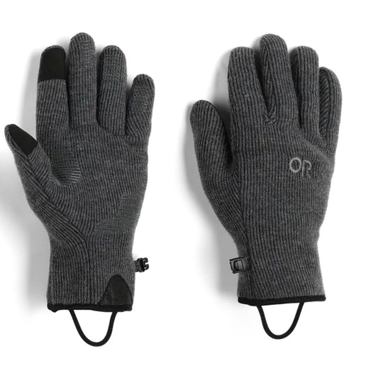 Front and back view of the Outdoor Research Men's Flurry Sensor Gloves in Charcoal showing the touchscreen tips and adjustable wrist straps against a white background.
