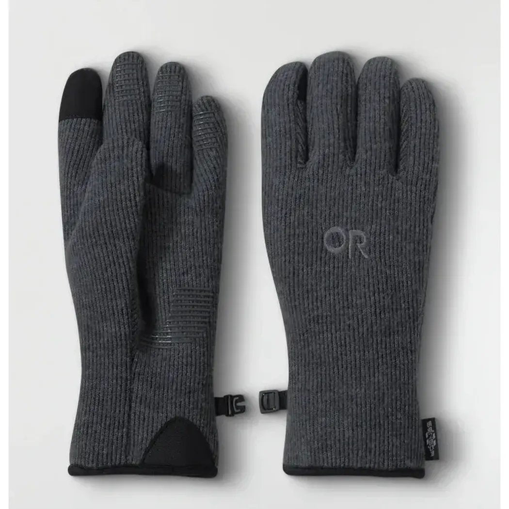 Side view of the Outdoor Research Men's Flurry Sensor Gloves in Charcoal showing the touchscreen tips and adjustable wrist strap against a white background.