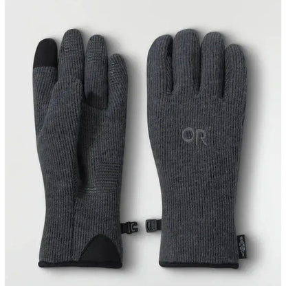 Side view of the Outdoor Research Men's Flurry Sensor Gloves in Charcoal showing the touchscreen tips and adjustable wrist strap against a white background.