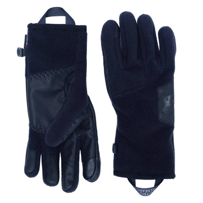 Side view of the Outdoor Research Men's Gripper Sensor Windbloc Gloves in Black showing the leather palm patches and wrist strap against a white background.