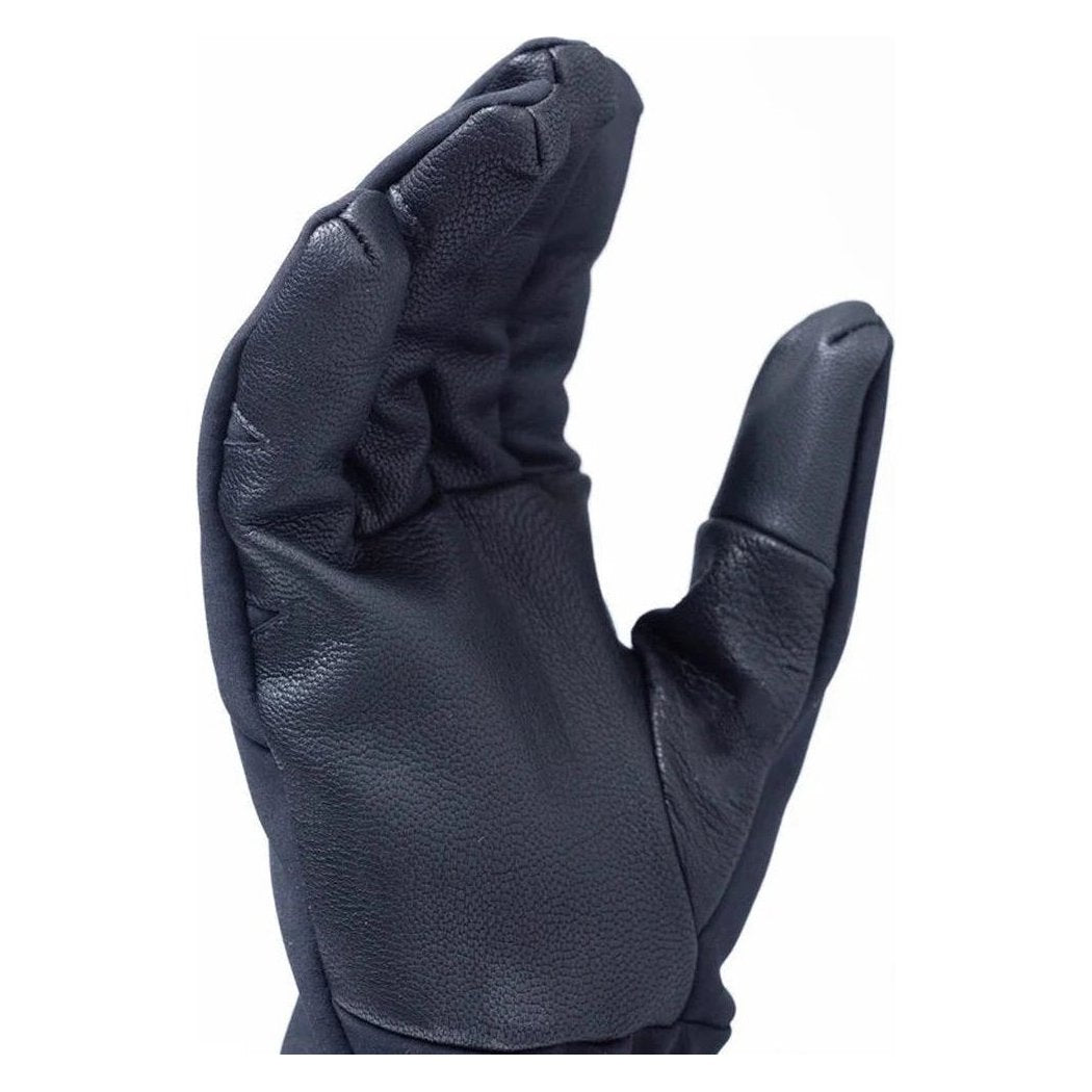 A close-up of the Outdoor Research Men's Stormtracker Sensor Windbloc Gloves in Black, showing the textured palm and thumb against a plain white background.