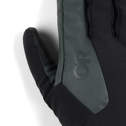 A close-up of the Outdoor Research Men's Sureshot Pro Gloves in Black, showing the logo on the palm and a white background.