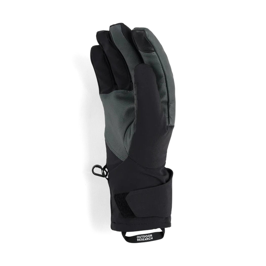 A side view of the Outdoor Research Men's Sureshot Pro Gloves in Black against a white background.