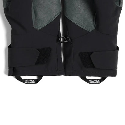 The black Outdoor Research Men's Sureshot Pro Gloves are shown from the bottom with their adjustable straps and brand tags visible against a white background.