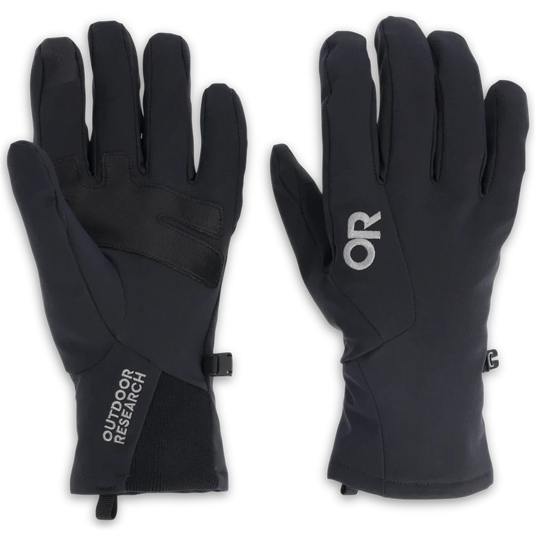 Black Outdoor Research Sureshot Softshell Gloves shown from front and back with "OR" logo on palm.