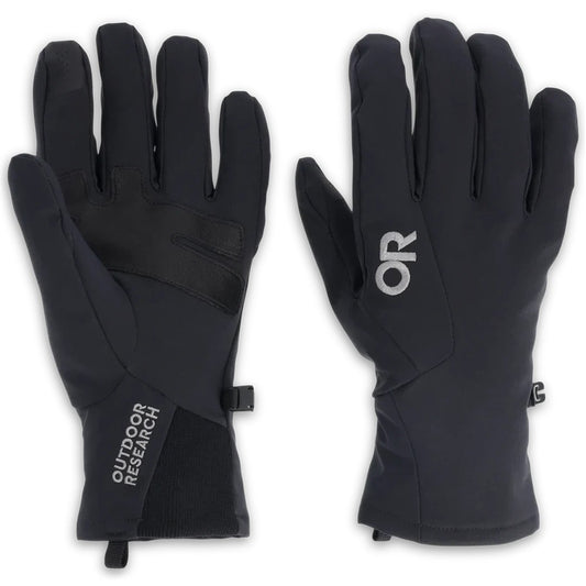 Black Outdoor Research Sureshot Softshell Gloves shown from front and back with "OR" logo on palm.