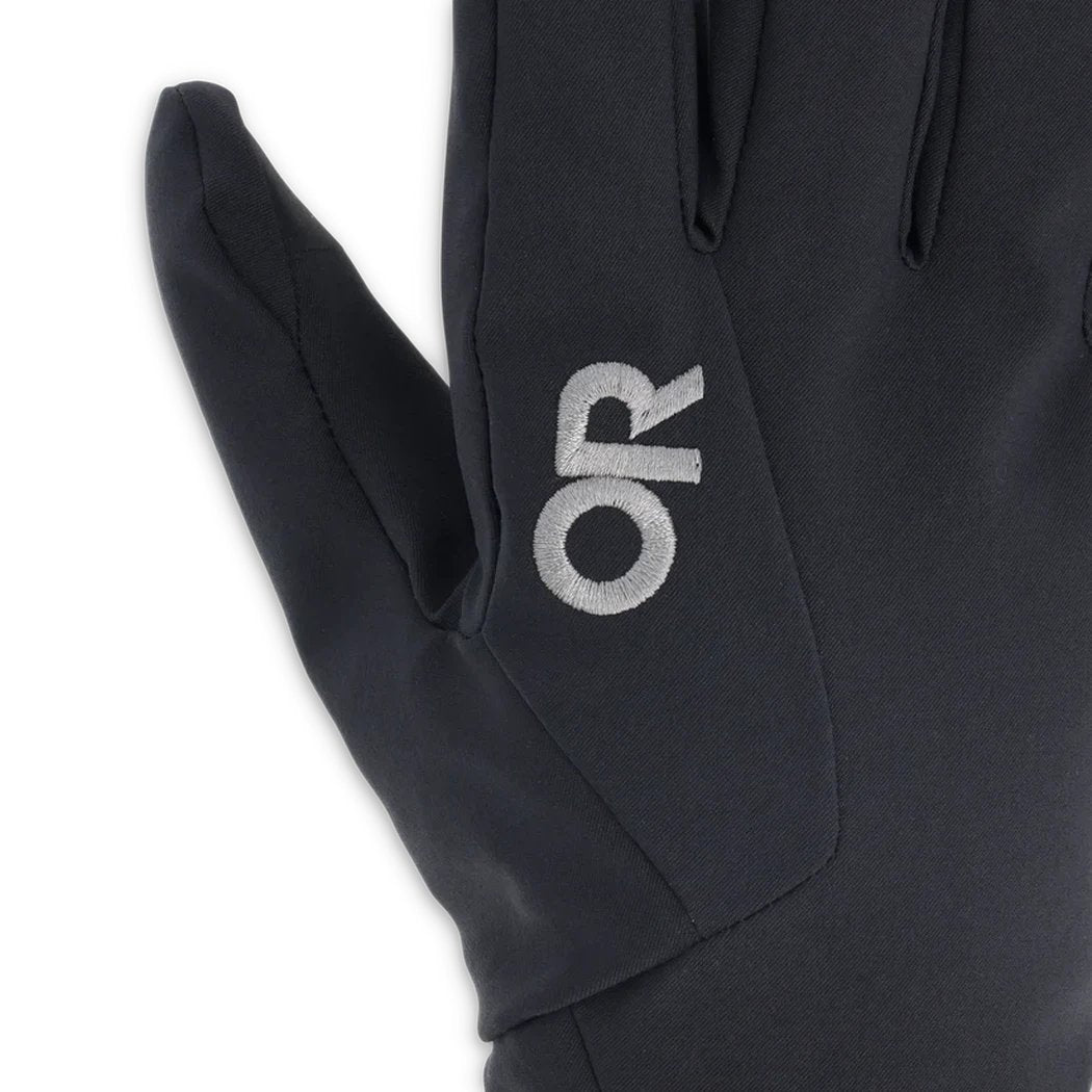A close-up of the Outdoor Research Men's Sureshot Softshell Gloves in Solid Black, showing the logo on the palm against a white background.