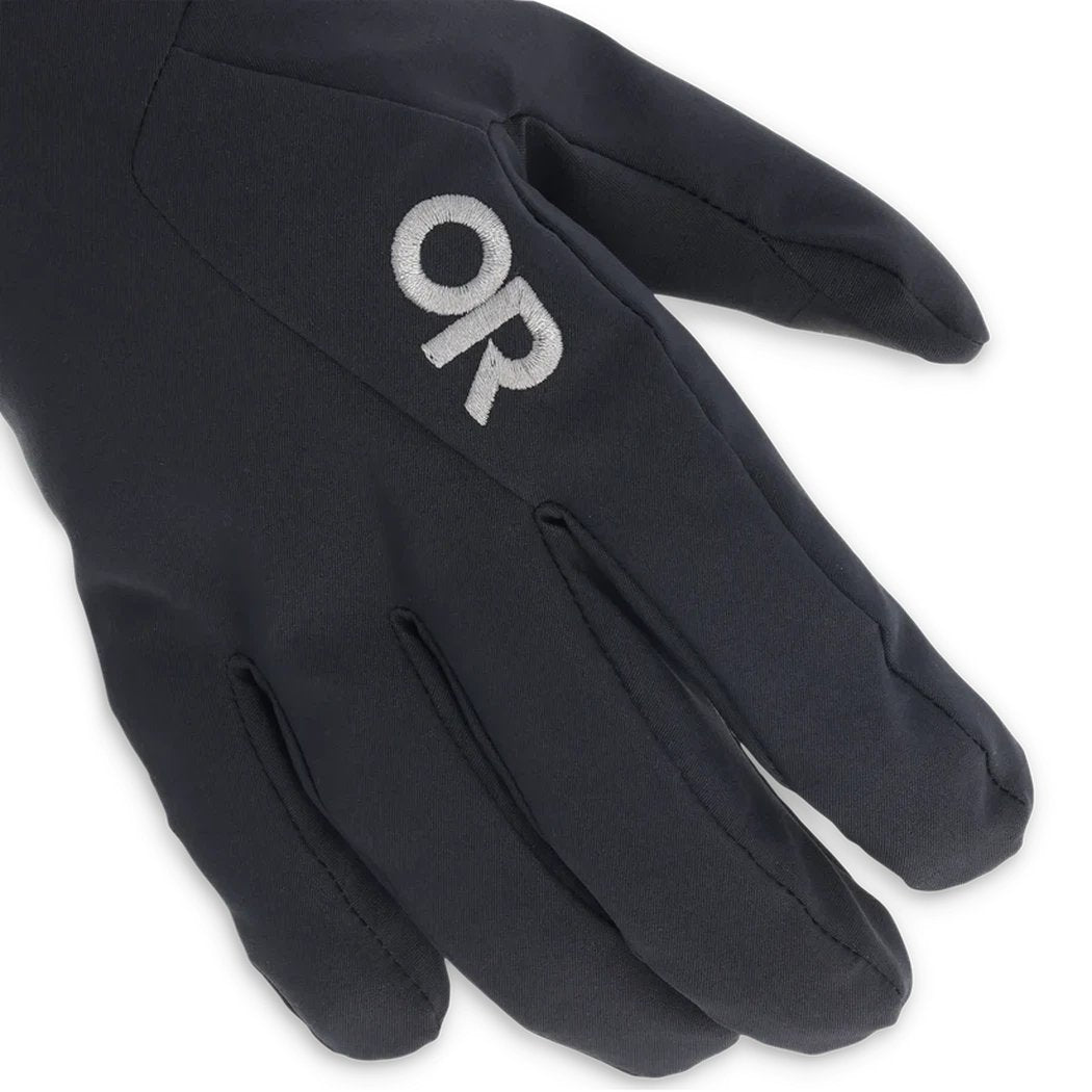 A close-up of the Outdoor Research Men's Sureshot Softshell Gloves in Solid Black, showing the logo on the back of the hand against a white background.