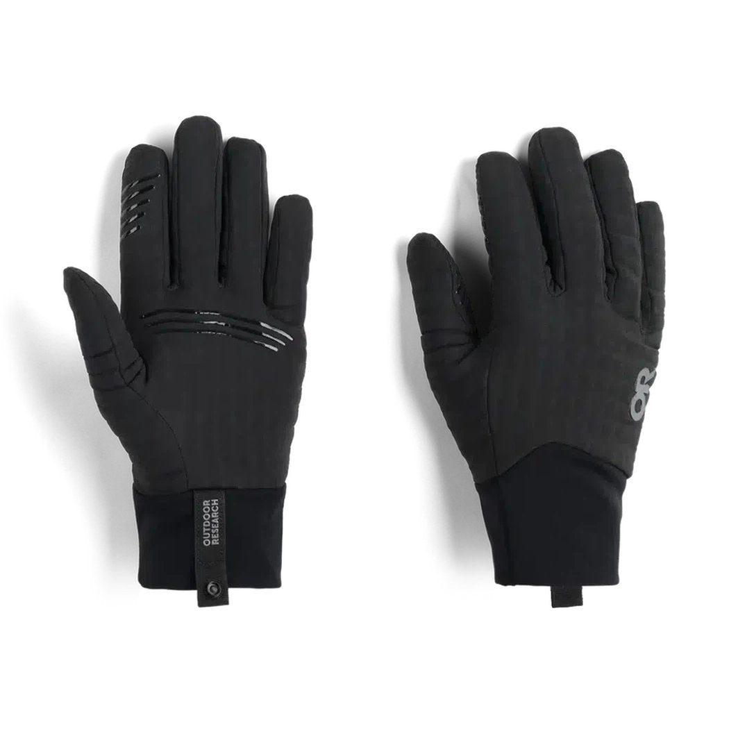 Side view of the Outdoor Research Men's Vigor Heavyweight Sensor Gloves in Black showing the logo on the palm against a white background.