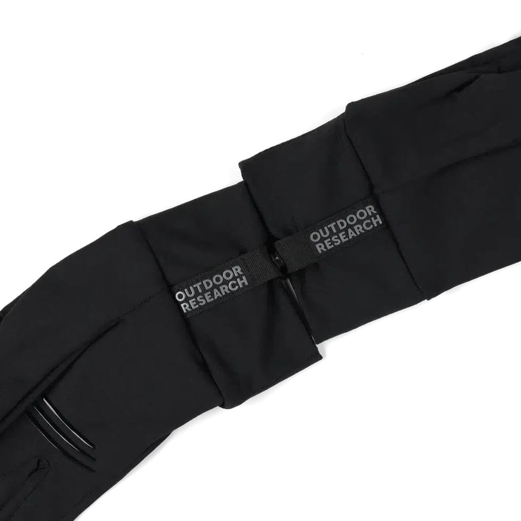 A close-up of the black Outdoor Research Men's Vigor Lightweight Sensor Gloves showing the logo on the wrist strap against a white background.