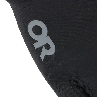 A close-up of the Outdoor Research Men's Vigor Lightweight Sensor Gloves in Black, showing the logo and a small black detail on the glove.
