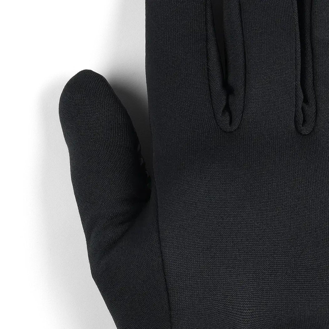 A close-up of the Outdoor Research Men's Vigor Midweight Sensor Gloves in Black, showing the thumb and finger sections against a white background.
