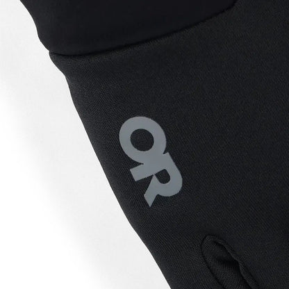 A close-up of the Outdoor Research Men's Vigor Midweight Sensor Gloves in Black showing the logo on the wrist cuff against a white background.