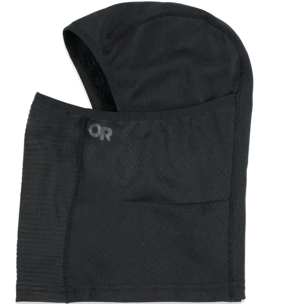 Black Outdoor Research Octaclava with hood and face coverage, shown from front against white background.