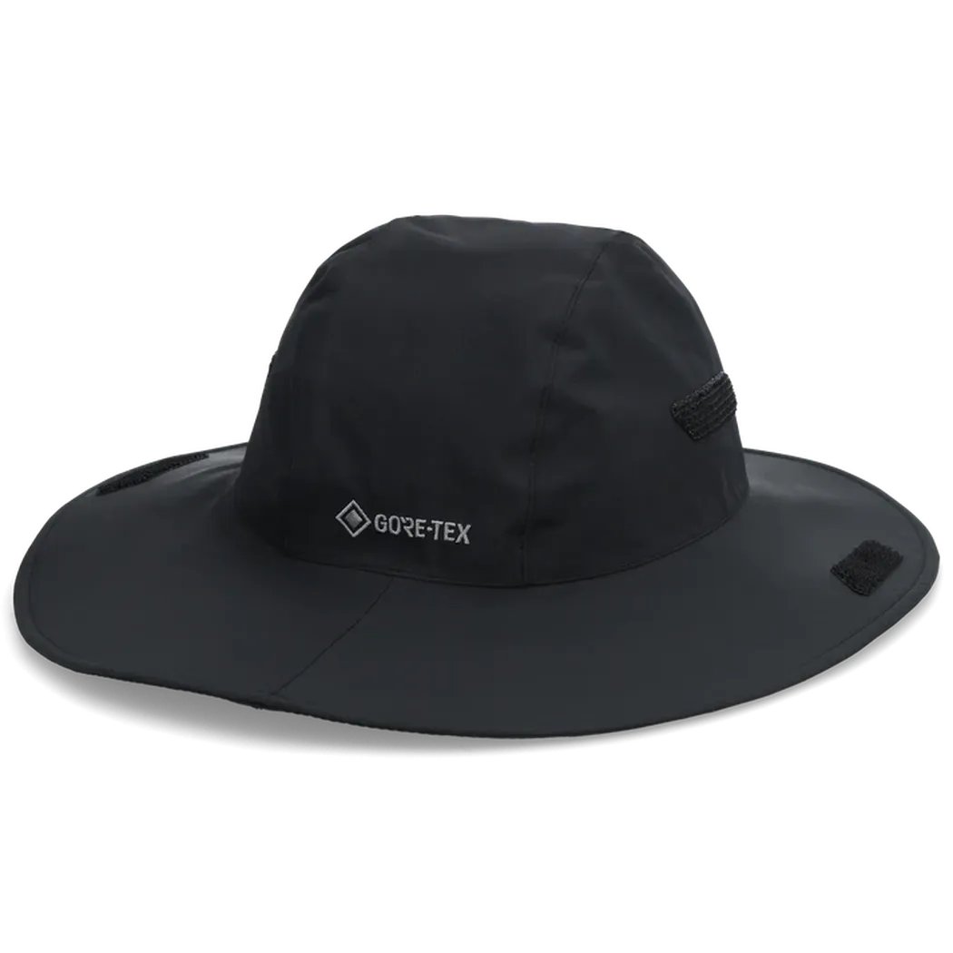 A black Outdoor Research Seattle Rain Hat with a wide brim and Gore - Tex logo is shown from a front angle against a white background.