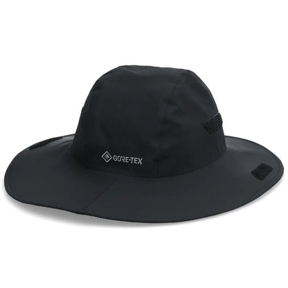 A black Outdoor Research Seattle Rain Hat with a wide brim and Gore - Tex logo is shown from a front angle against a white background.