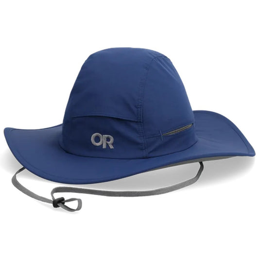 A front view of the Outdoor Research Sombriolet Sun Hat in Pewter with a chin strap and a zippered pocket on the side.