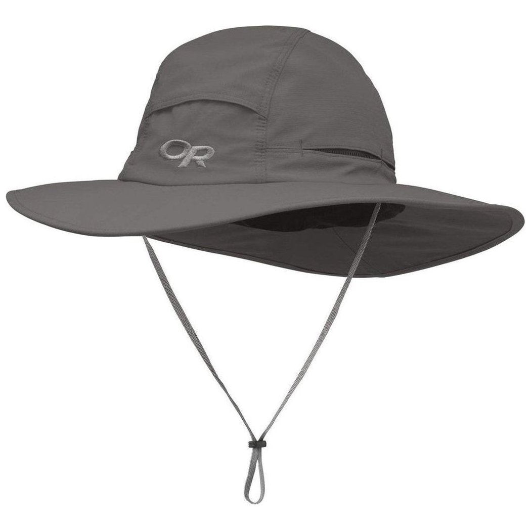 A front view of the Outdoor Research Sombriolet Sun Hat in Pewter with a chin strap and logo on the front, against a white background.