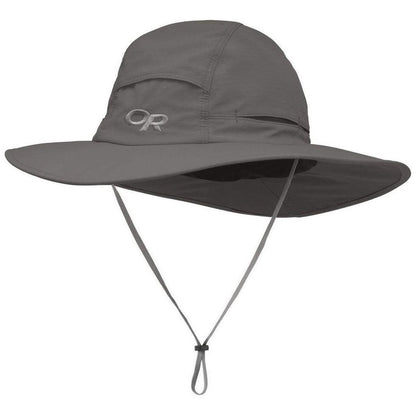 A front view of the Outdoor Research Sombriolet Sun Hat in Pewter with a chin strap and logo on the front, against a white background.