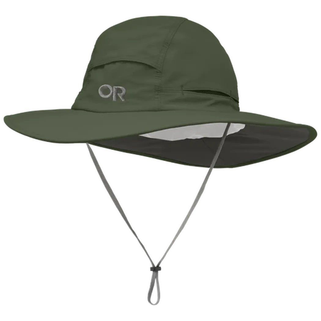 A front view of the Outdoor Research Sombriolet Sun Hat in Pewter with a chin strap and wide brim against a white background.