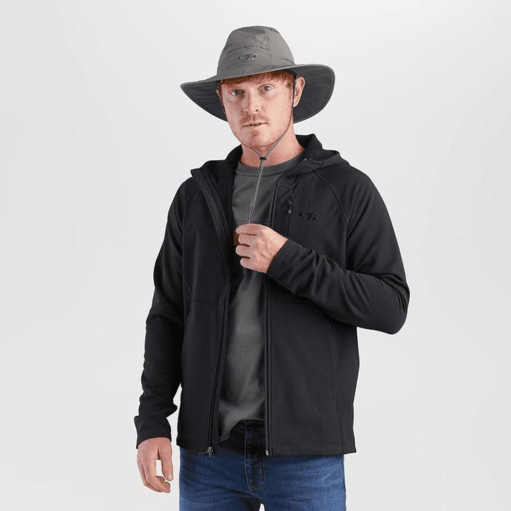 A model wears the Outdoor Research Sombriolet Sun Hat in Pewter against a plain white background.