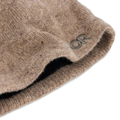 A close-up of the Outdoor Research Spitsbergen Beanie in Atlantic Heather showing the ribbed cuff and logo on a white background.