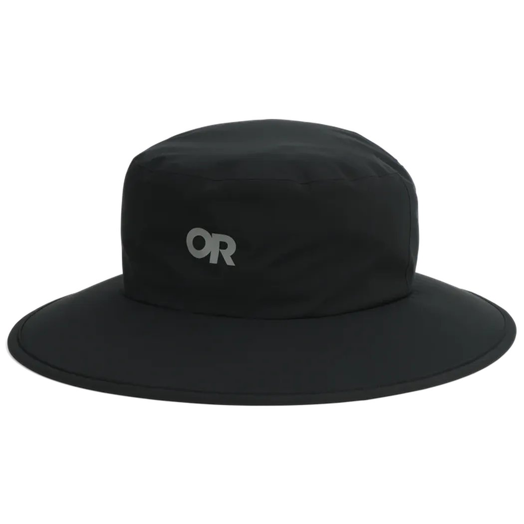 A black Outdoor Research Stratoburst Rain Hat with a wide brim and "OR" logo on the front, photographed from a straight angle against a white background.