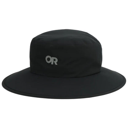 A black Outdoor Research Stratoburst Rain Hat with a wide brim and "OR" logo on the front, photographed from a straight angle against a white background.
