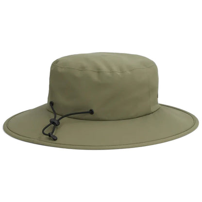 A front view of the Outdoor Research Stratoburst Rain Hat in Black with a black cord detail on the brim against a white background.