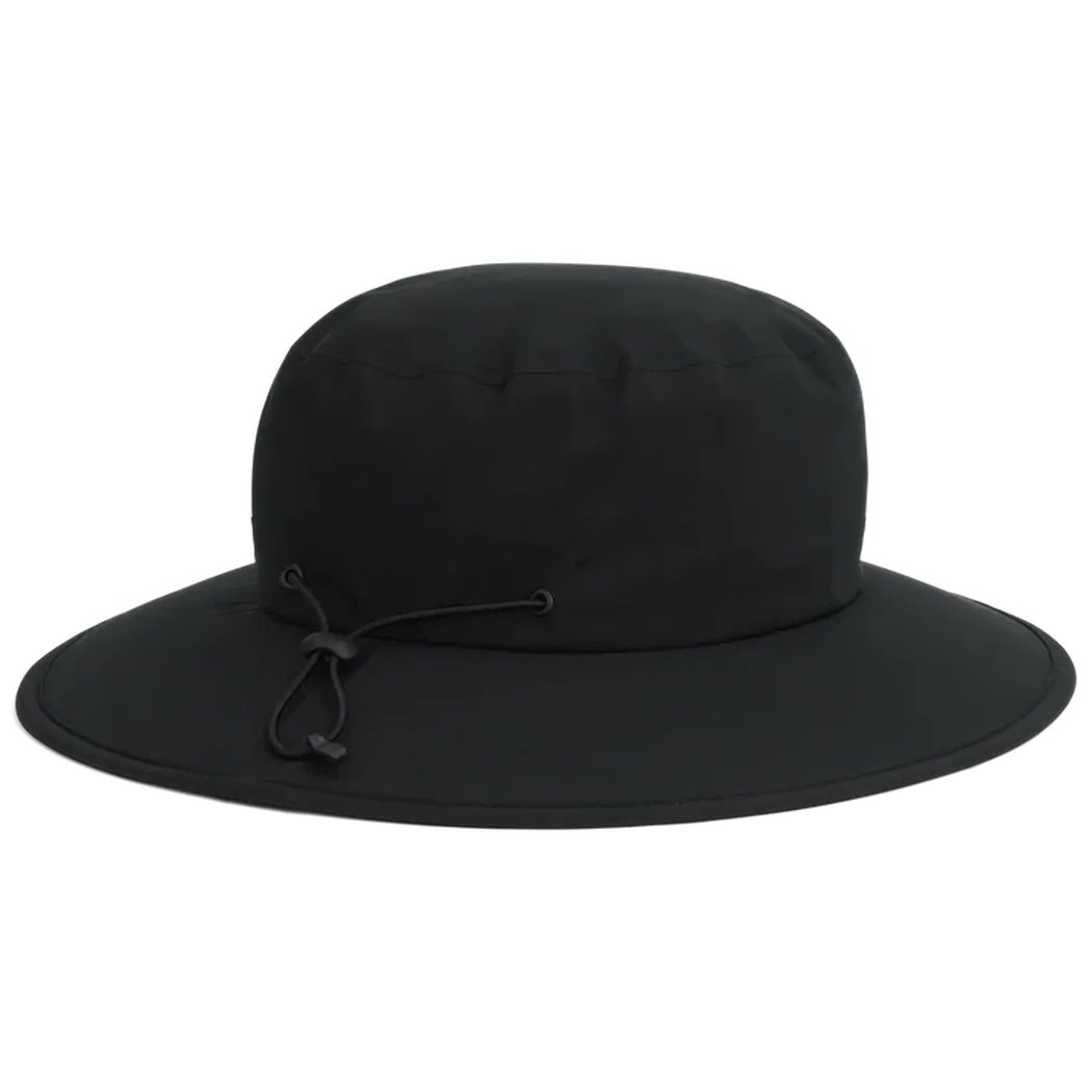 A front view of the Outdoor Research Stratoburst Rain Hat in Black with a wide brim and a drawstring detail against a white background.