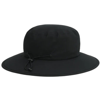 A front view of the Outdoor Research Stratoburst Rain Hat in Black with a wide brim and a drawstring detail against a white background.