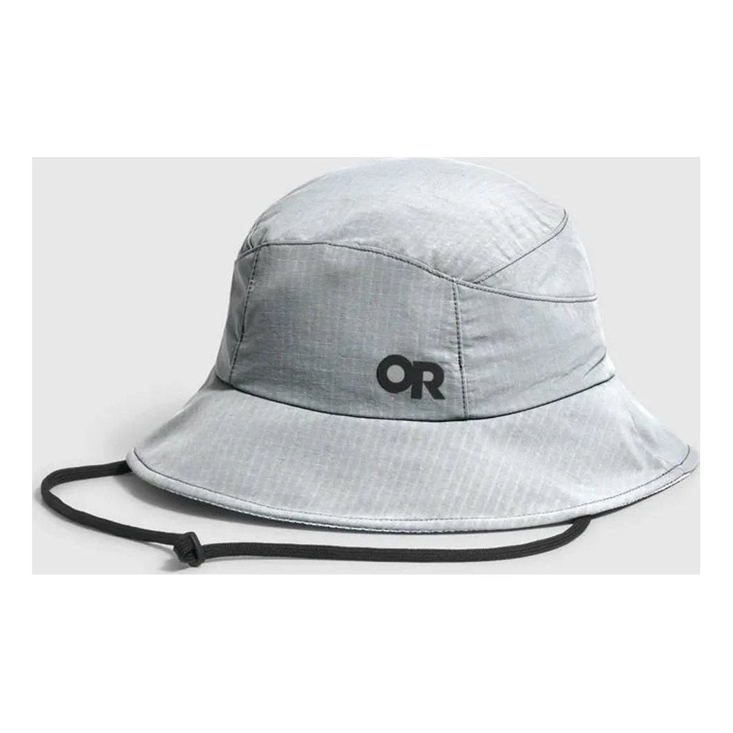 A front view of the Outdoor Research Sun Bucket Hat in Gravel color with a black chin strap against a light gray background.