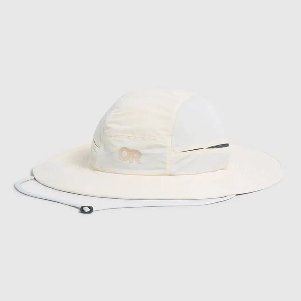 A front view of the Outdoor Research Sunbriolet Sun Hat in Gravel with a wide brim and chin cord against a plain white background.