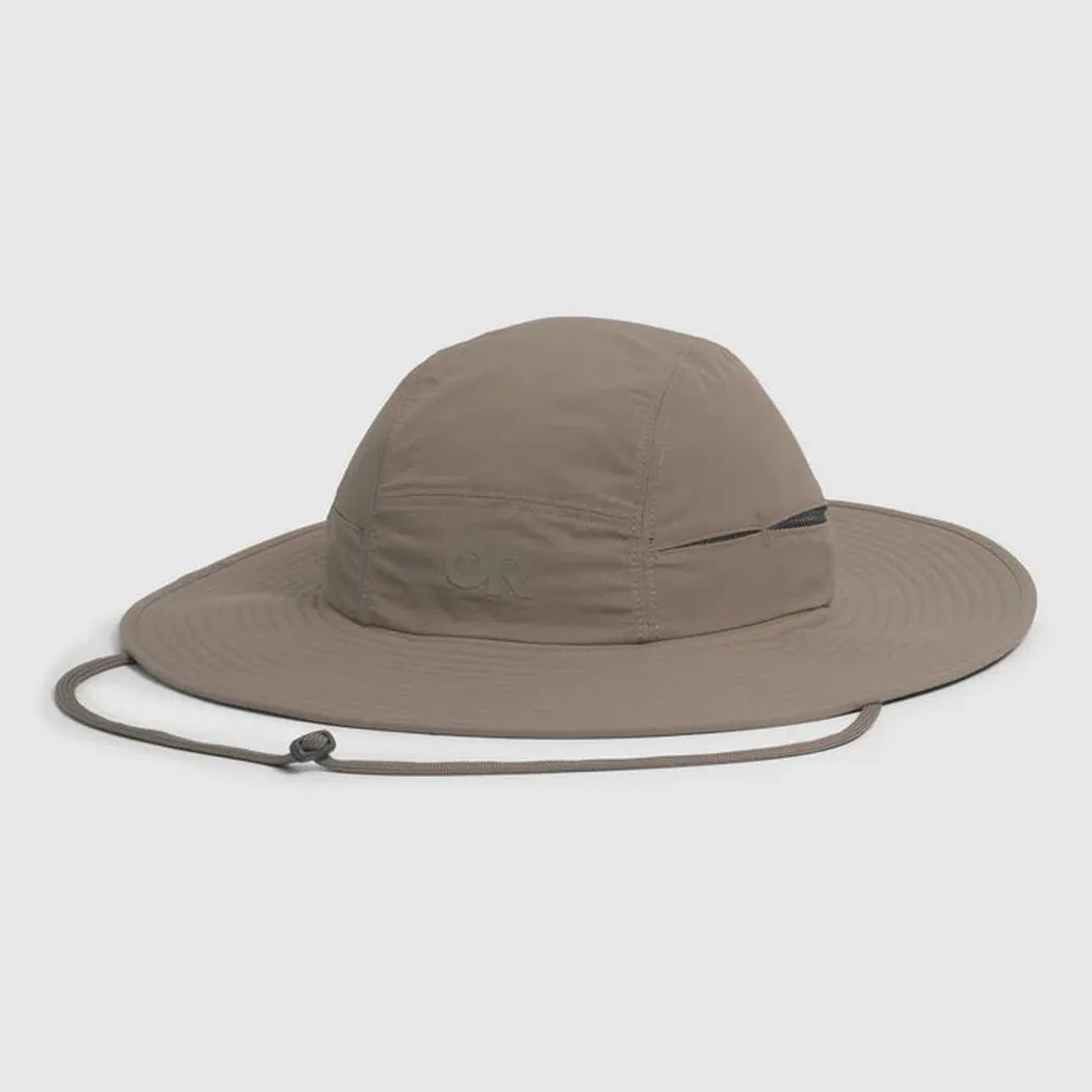 A front view of the Outdoor Research Sunbriolet Sun Hat in Gravel color with a chin cord, set against a plain white background.