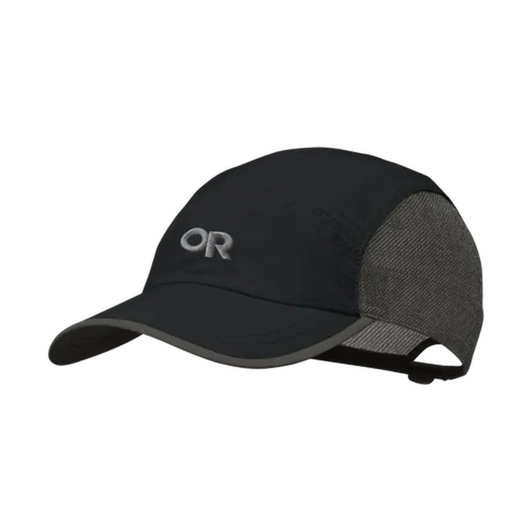 A front view of the Outdoor Research Swift Cap in Black/Dark Grey with a mesh back and grey brim trim.