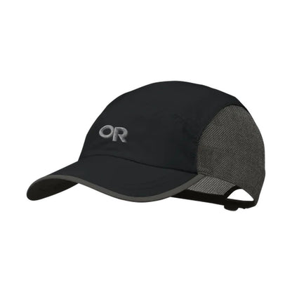 A front view of the Outdoor Research Swift Cap in Black/Dark Grey with a mesh back and grey brim trim.