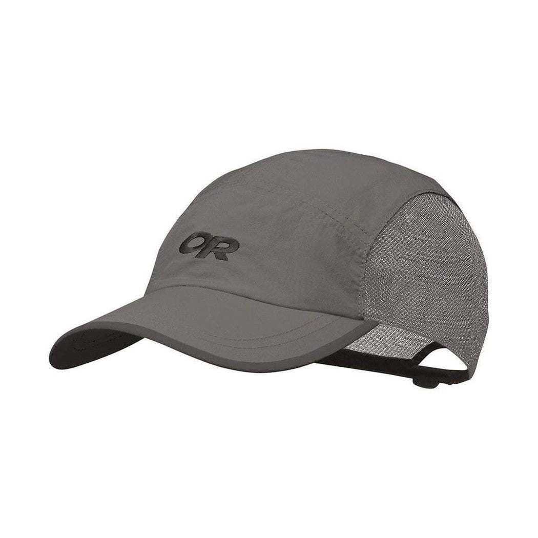 A front view of the Outdoor Research Swift Cap in Black/Dark Grey with mesh back and a white background.