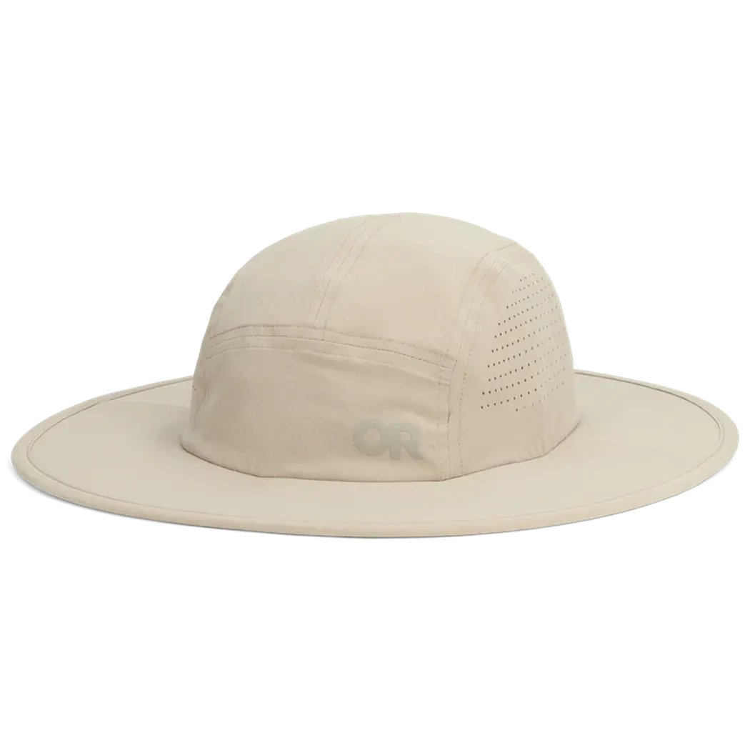 A front view of the Outdoor Research Swift Lite Brimmer in Atlantic color showing the wide brim and breathable mesh panel on the side against a white background.